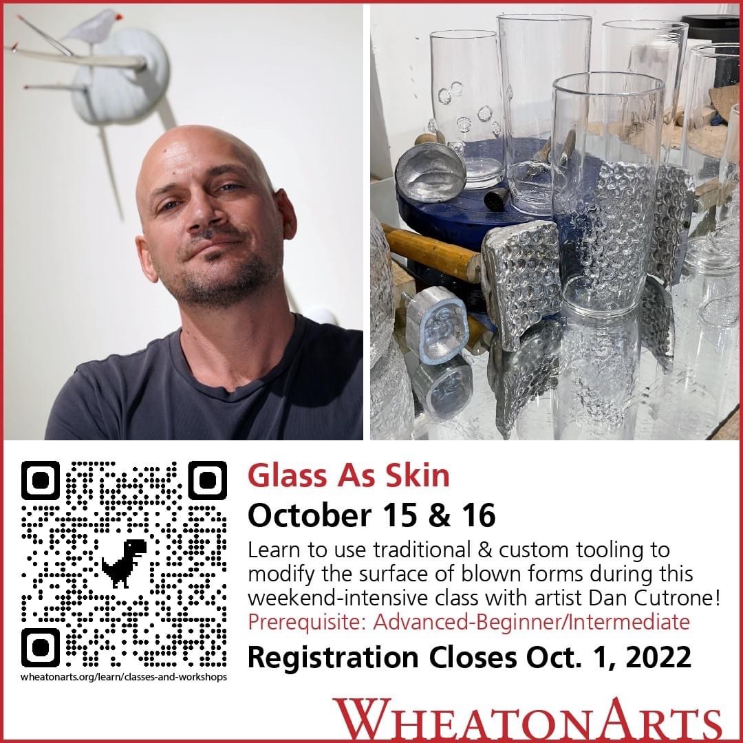Glass as Skin: Using Torch Work and Tooling to Explore Reworking the Surface of Blown Forms. 
Saturday &amp; Sunday, October 15 &amp; 16.
Advanced-Beginner/Intermediate  Glassblowing experience.

Registration closes Oct. 1st, 2022! 
Register today at shop.wheatonarts.org/event/glass-as…

#WheatonArts