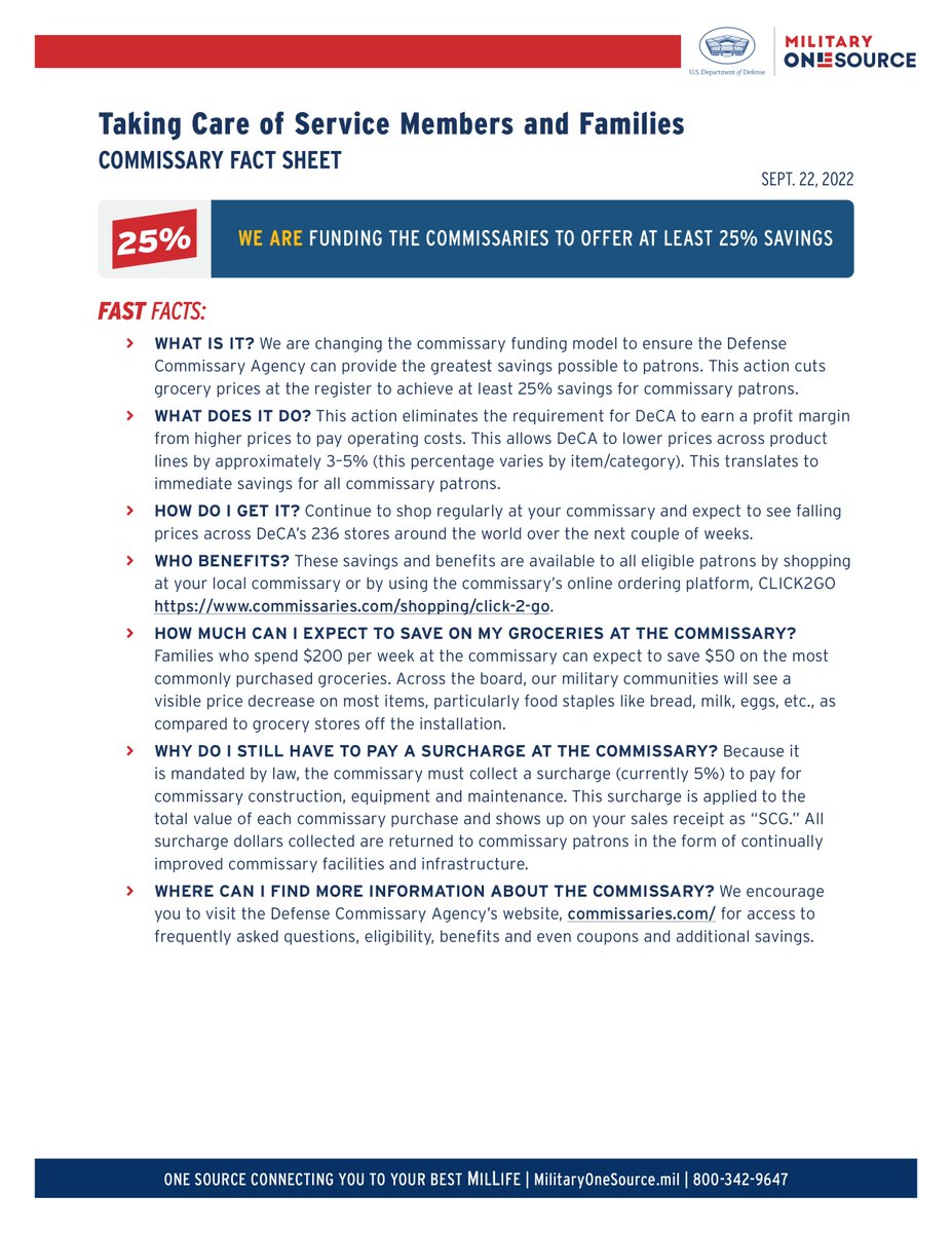 As part of the @DeptofDefense effort to take care of our Service members and their families, we’re funding commissaries to offer at least 25% savings to their patrons. You should start seeing lower prices in the next few weeks.