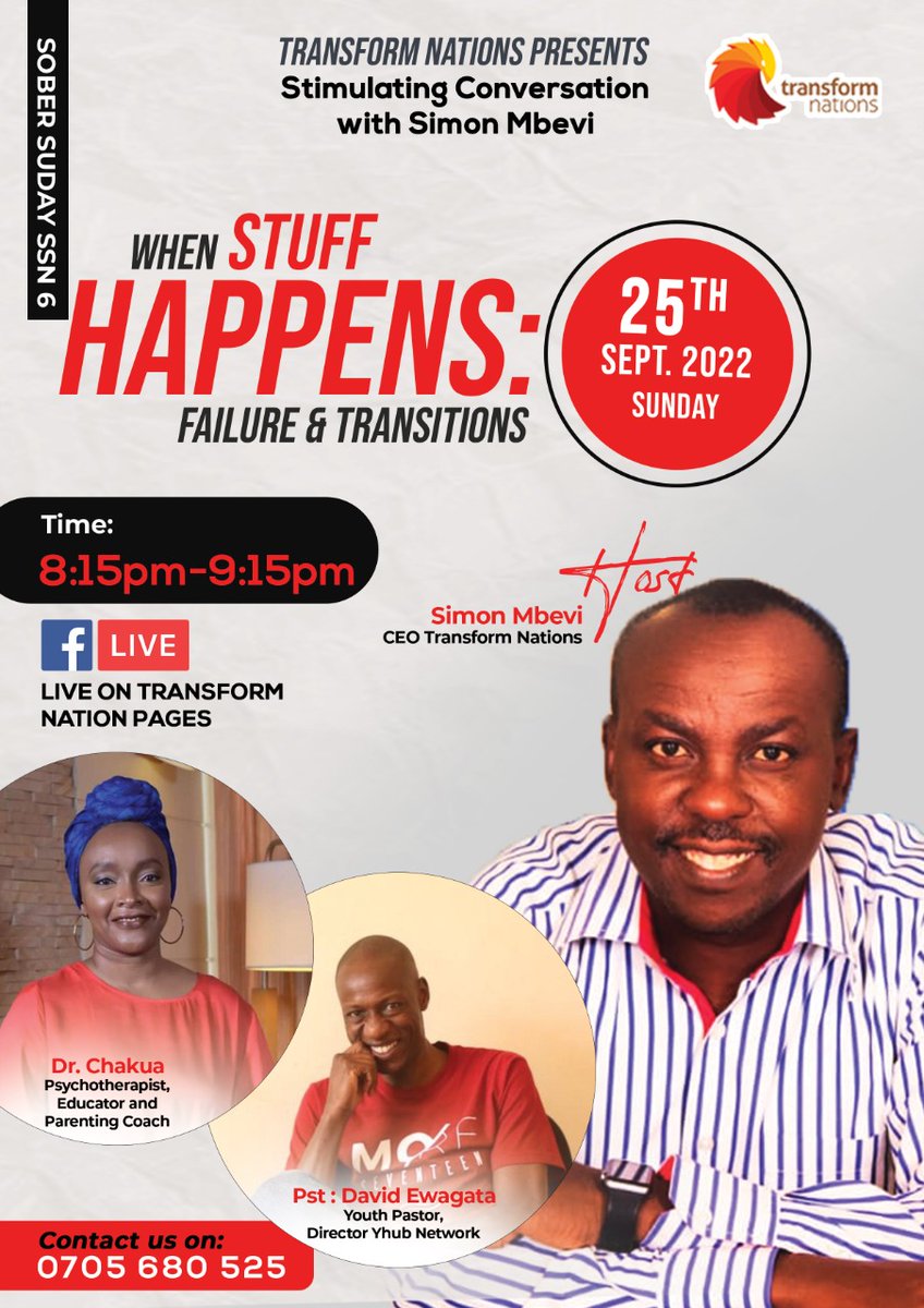 Transform_N's tweet photo. How do we bounce back when stuff happens?
Join us This Sunday night only on Sober Sunday.
#simonmbevi
#sobersunday
#transformnations https://t.co/2DdPzxpIX8