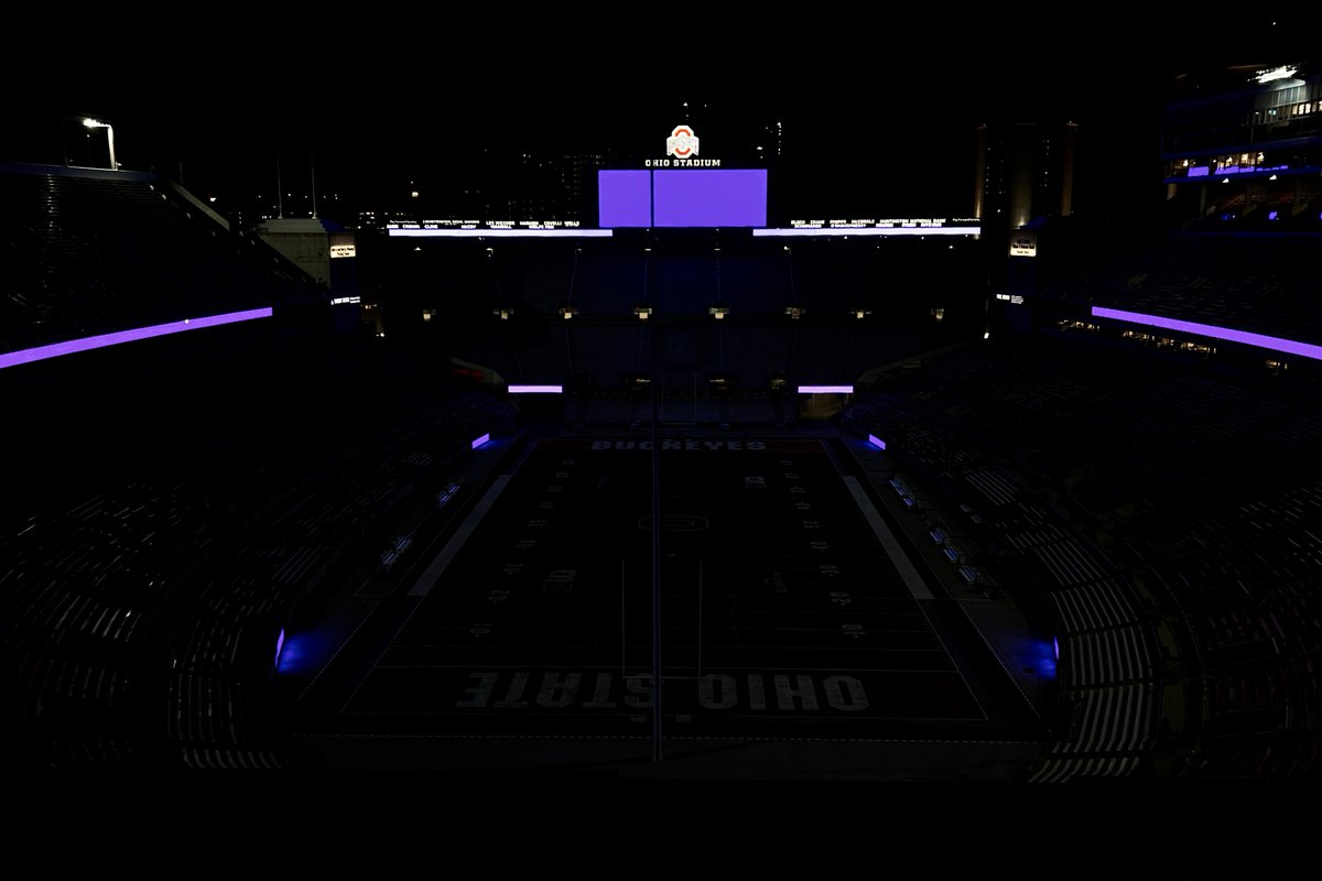OhioStAthletics's tweet photo. In the BLACK of night, we light the Shoe PURPLE! 💜 

Tomorrow we come together as Buckeyes for a Cancer Free World with @OSUCCC_James https://t.co/lPlZG7QdTM