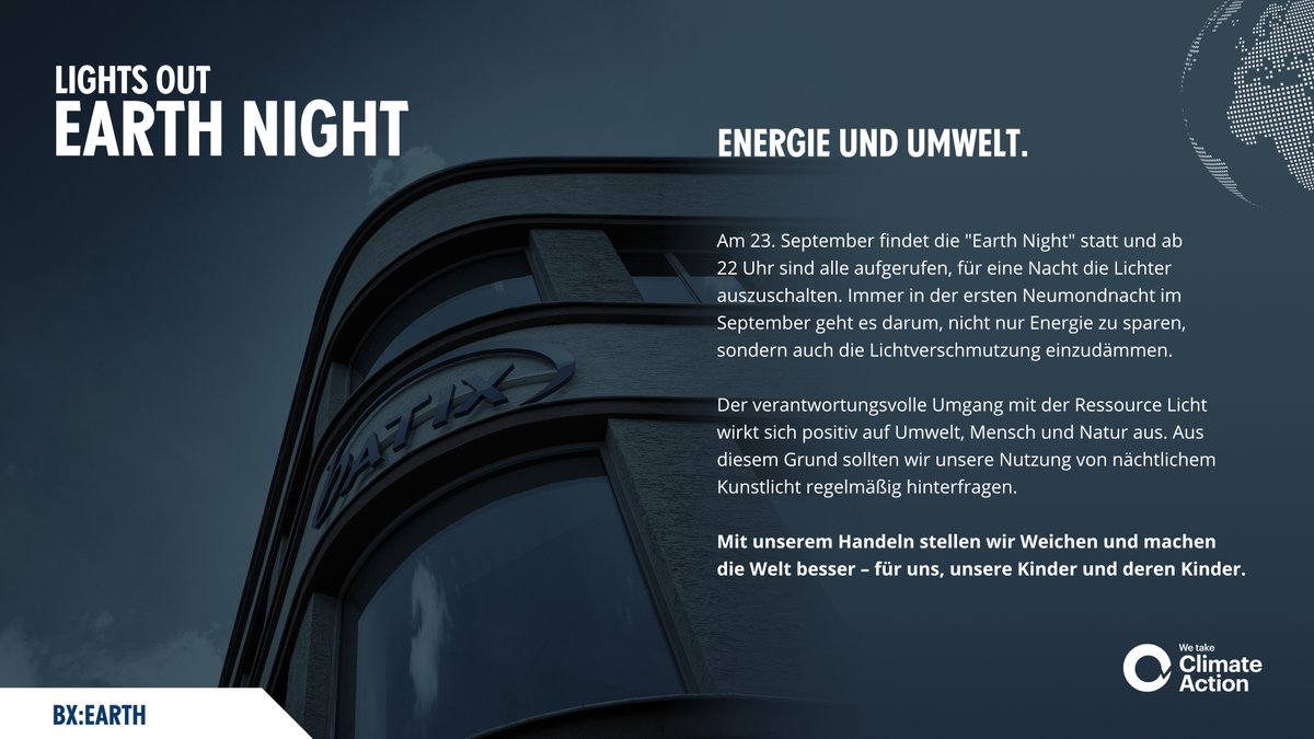 batix's tweet photo. Heute ist Earth Night und ab 22 Uhr heißt es natürlich auch für uns … „lights out”. 🌍 Wir setzen ein Zeichen für einen bewussteren Umgang mit der Ressource Licht. 💡 #batix #bx #saalfeld #software #earthnight #earthnight2022 #lichtverschmutzung #lichtaus #lichtausfuereinenacht https://t.co/ES9BxaIIkp