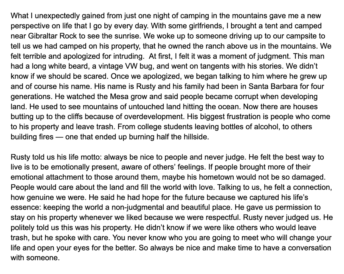 HumansofUCSB's tweet image. 𝐂𝐨𝐮𝐫𝐭𝐧𝐞𝐲 𝐂𝐨𝐥𝐥𝐢𝐧𝐬
𝐂𝐨𝐦𝐦𝐮𝐧𝐢𝐜𝐚𝐭𝐢𝐨𝐧 𝐦𝐚𝐣𝐨𝐫/ 𝟑𝐫𝐝 𝐲𝐞𝐚𝐫

"What I unexpectedly gained from just one night of camping in the mountains gave me a new perspective on life that I go by every day..."