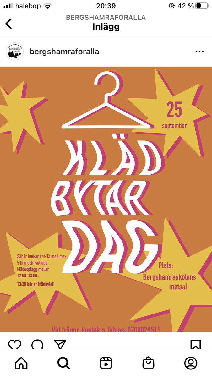 Spara pengar och miljö? 💴💚Söndag 25/9 arrangerar vi klädbytardag med Bergshamra för alla.