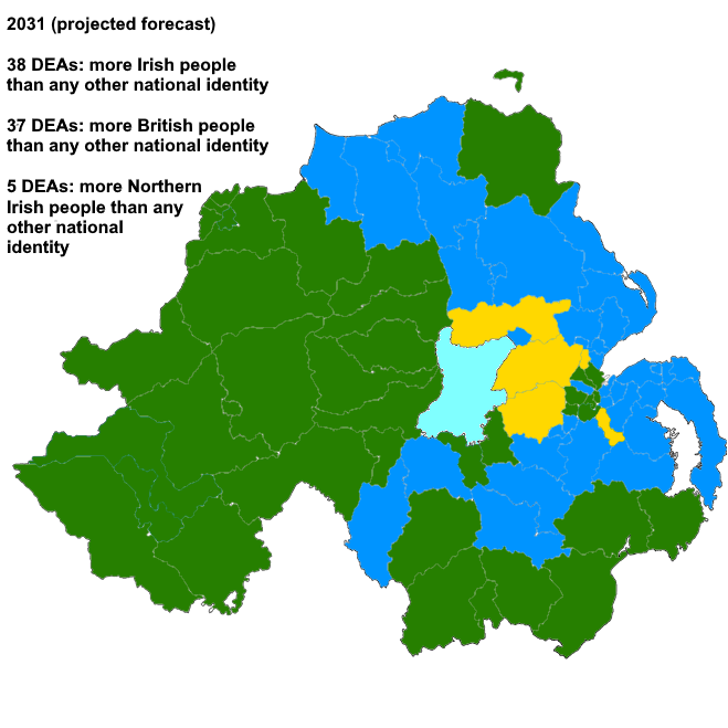 Bonus: at the rate of change of the past ten years, here's what the map could look like in 2031. DEAs with more Irish people than any other nat identity would top the list, with the tipping point for that happening being Craigavon DEA.