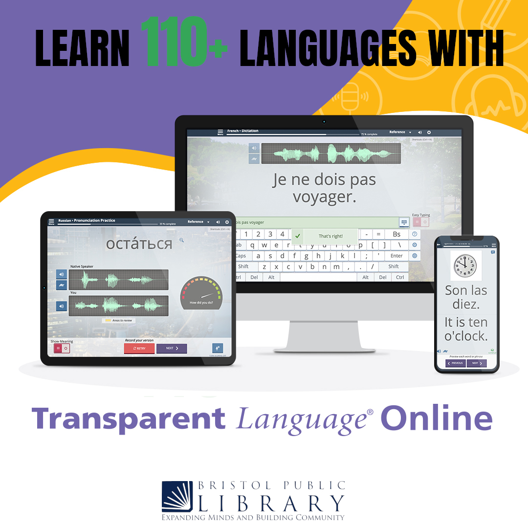 Bristol_Public's tweet photo. With your library card, you have access to one of the most powerful language teaching programs:  Transparent Language!
To learn one of 110 (!) languages, go to https://t.co/TDTUXplA7V, and click on Transparent Language.  Log in with your library card number and away you go! https://t.co/T6iaCeu32R