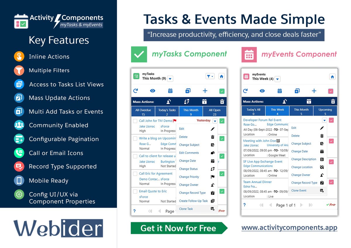 webider's tweet image. Manage your #tasks &amp;amp; #events faster, get instant access to your todo list and filter using many out-of-the-box list filters and update them using inline actions. 
Get it Now for Free

activitycomponents.app

#DF22 #Dreamforce2022 #salesforcedevelopers  #appExchange #webider