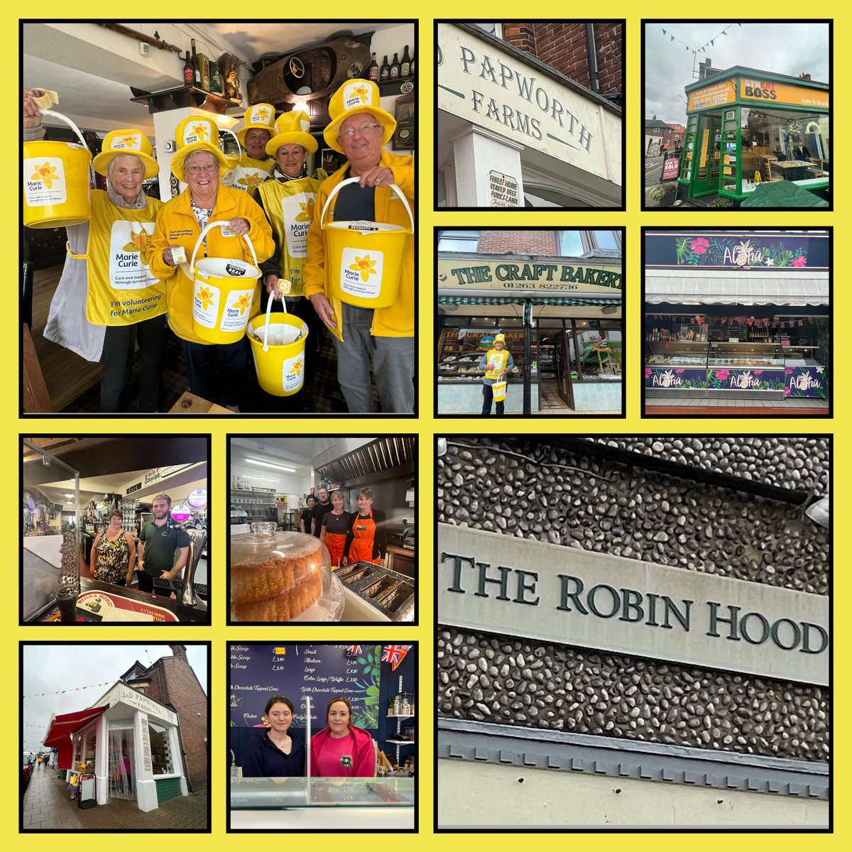 Massive thanks to these businesses for their support today at our @mariecurieuk street collection in #Sheringham #NorthNorfolk #TheRobinHoodPub, #StreatBoss Cafe, @papworthfarms #CraftBakery #AlohaIces. You provided a base, donations, warm drinks & protection from the rain! TY 🙏