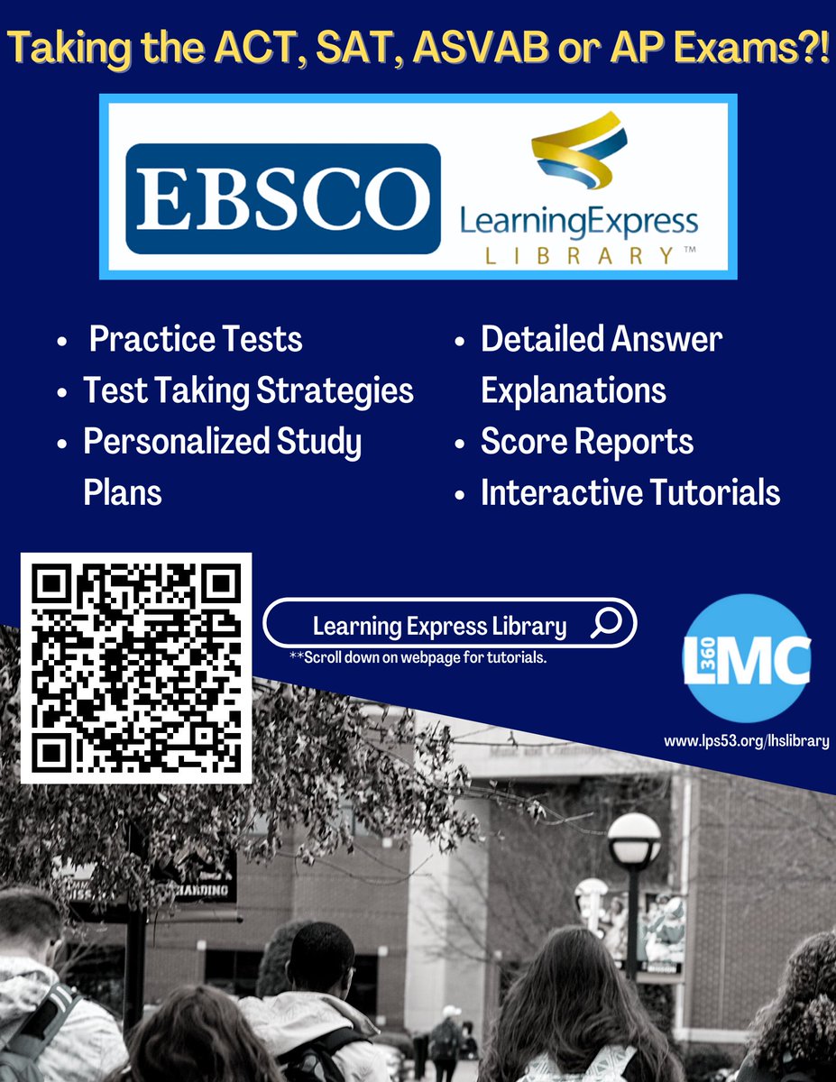 LHS_LMC360's tweet photo. Taking the ACT, SAT, ASVAB, or an AP exam?! Check out the #learningexpresslibrary for TONS of resources.@libertyschools @LHSJAYS
p.s. Check out the LMC on Instagram at LHS_LMC360๐ https://t.co/7e8xzdu0a9