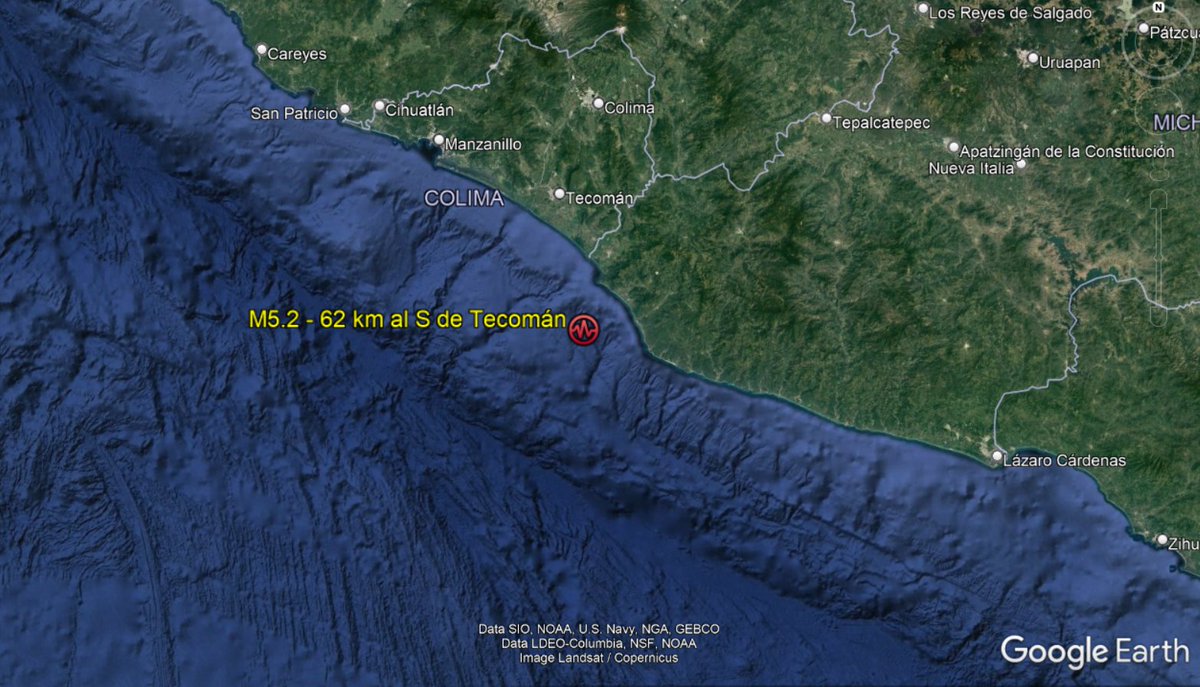 AHORA. Sismo de magnitud 5.2 se percibe en #México a las 13:25 hora local (18:25 UTC) con epicentro 62 km al sur de Tecomán, Colima, a 10 km de profundidad. #Temblor

Datos del SSN: tinyurl.com/2a6unaf9