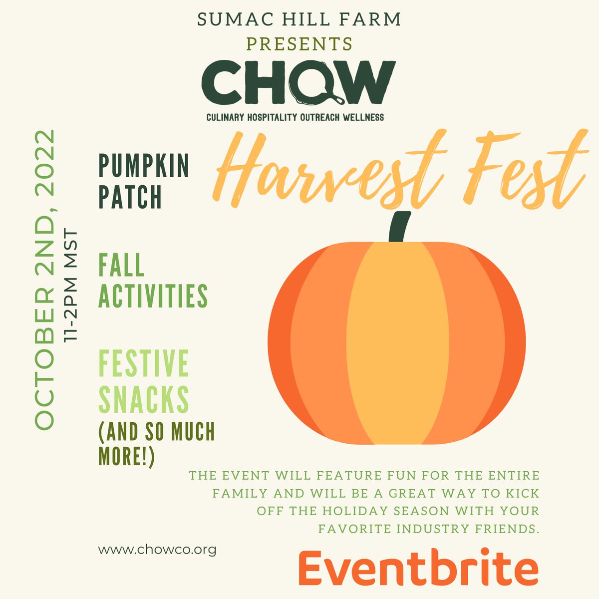 Pick out the perfect pumpkin, let loose with iconic games, and taste all of the goodness of the season with pumpkins, Biker Jim hot dogs, desserts, honey and so much more. Our activities will be pay-what-you-can.
eventbrite.com/e/chow-harvest…