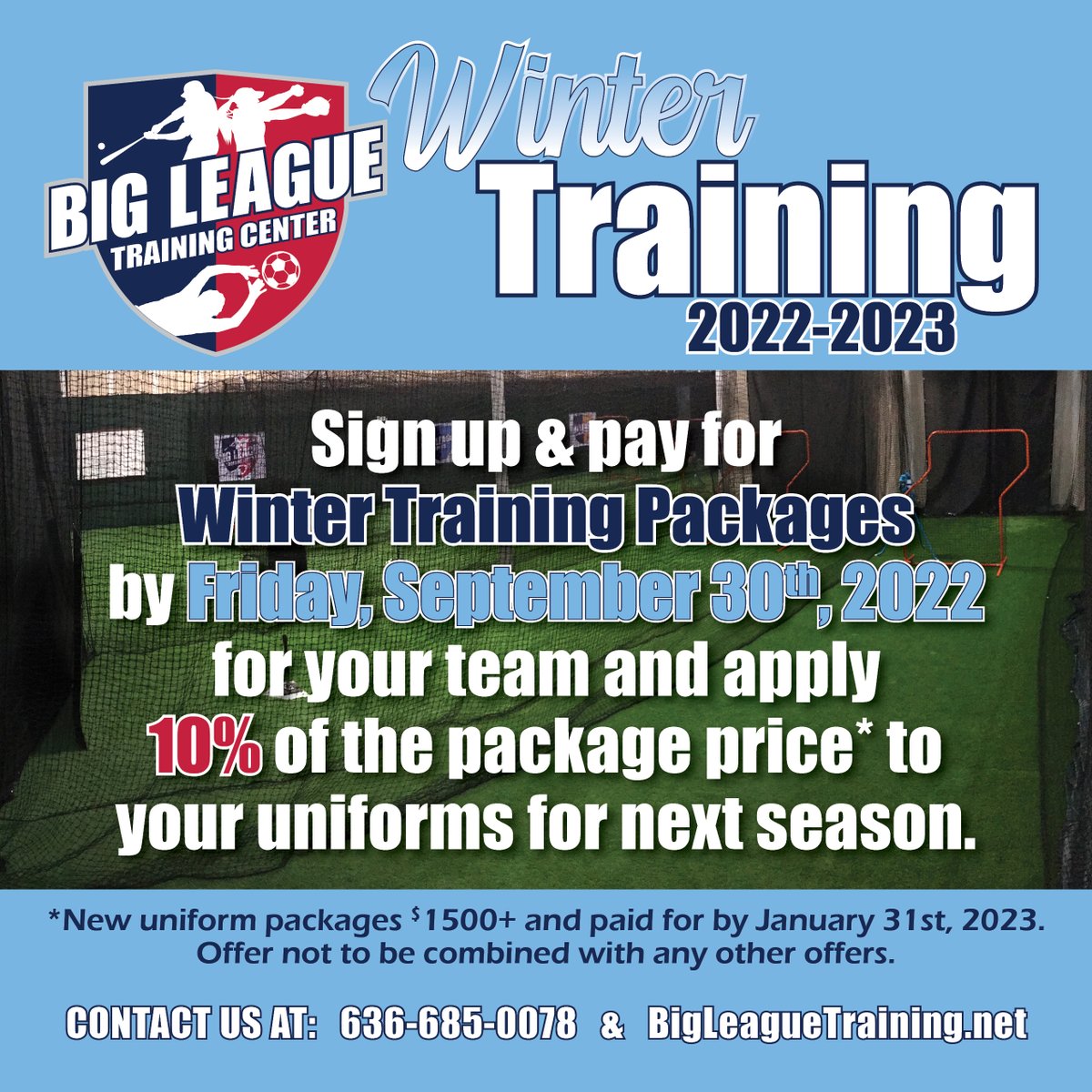 BigLeague_Train's tweet photo. Sign up for a Winter Training Package now to save on uniforms from Big League Uniforms! Sign up by Friday, September 30th to take advantage of this deal! Give us a call at 636-685-0078 for more information on Winter Training Packages! https://t.co/3sqmx7WxQ2