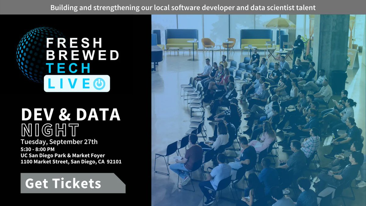 freshbrewedtech's tweet photo. Join us for Dev &amp; Data Night on Sept 27! With 1-on-1 matching, a thought leadership panel, and small group topic-based tables, we’re excited to bring the San Diego Dev &amp; Data community together to find peers, mentors, mentees, &amp; talent!

Grab your ticket: https://t.co/9C70Iifixh https://t.co/3S0c6LJMzO