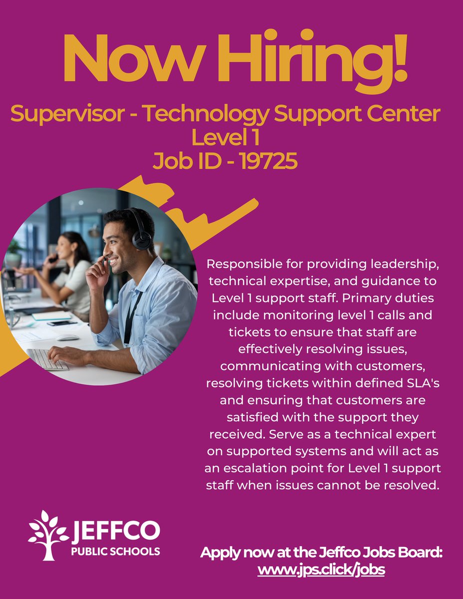 Interested in providing leadership, technical expertise and guidance to Level 1 support staff? How about ensuring that customers are satisfied with the support that they receive? Apply now for our Supervisor - Technology Support Center Level 1