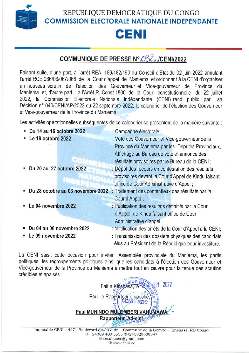 INFOS CENI RDC Officiel (@ceniofficiel) on Twitter photo COMMUNIQUE DE PRESSE
<a href="/Presidence_RDC/">Présidence RDC 🇨🇩</a> <a href="/senatrdc/">Sénat RDC🇨🇩</a> @AssembleeN_RDC <a href="/dkadimaofficiel/">Denis Kadima Kazadi</a> <a href="/nseya_officiel/">PATRICIA NSEYA OFFICIEL</a> COMMUNIQUE DE PRESSE
<a href="/Presidence_RDC/">Présidence RDC 🇨🇩</a> <a href="/senatrdc/">Sénat RDC🇨🇩</a> @AssembleeN_RDC <a href="/dkadimaofficiel/">Denis Kadima Kazadi</a> <a href="/nseya_officiel/">PATRICIA NSEYA OFFICIEL</a>