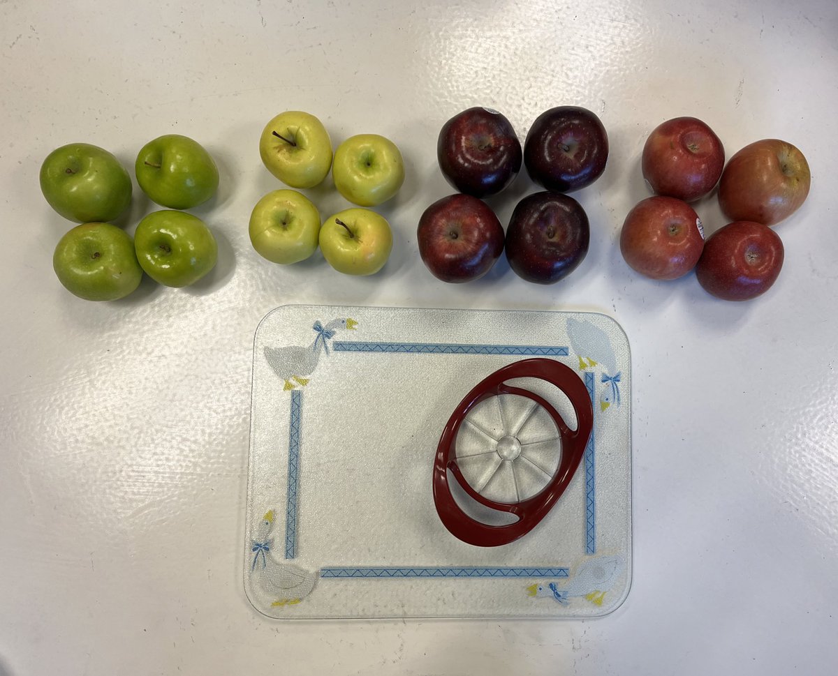 hartmankinder's tweet photo. We did our apple taste test today! We tried: Granny Smith, Golden Delicious, Red Delicious, and Fuji apples. Golden delicious came out on top! https://t.co/Iam5yMilG2