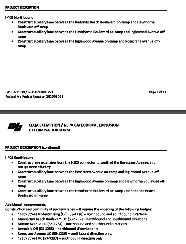 This 405 expansion project adds nearly 10 miles of new freeway lanes - widens 6 bridges. It induces more driving, fouling polluted harbor-area air, worsening the climate crisis... but, hey, it's "categorically exempt" from state and federal environmental review.