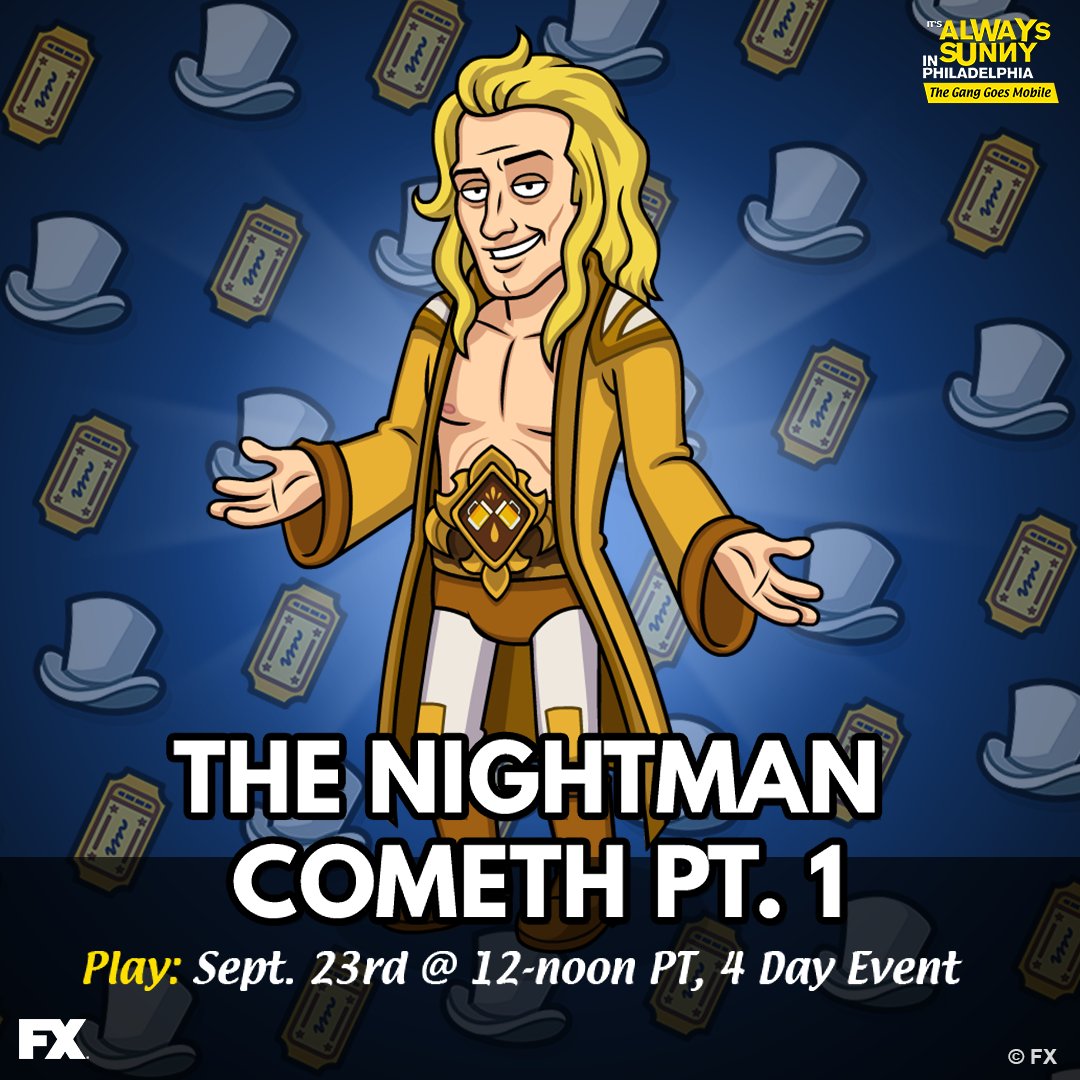 AlwaysSunnyGame's tweet image. Tiny boy, little boy, baby boy... the Nightman Cometh! Join us for part 1 of this 2-part musical extravaganza at 12-noon PT and unlock Diamond Dennis! 🎩🎵