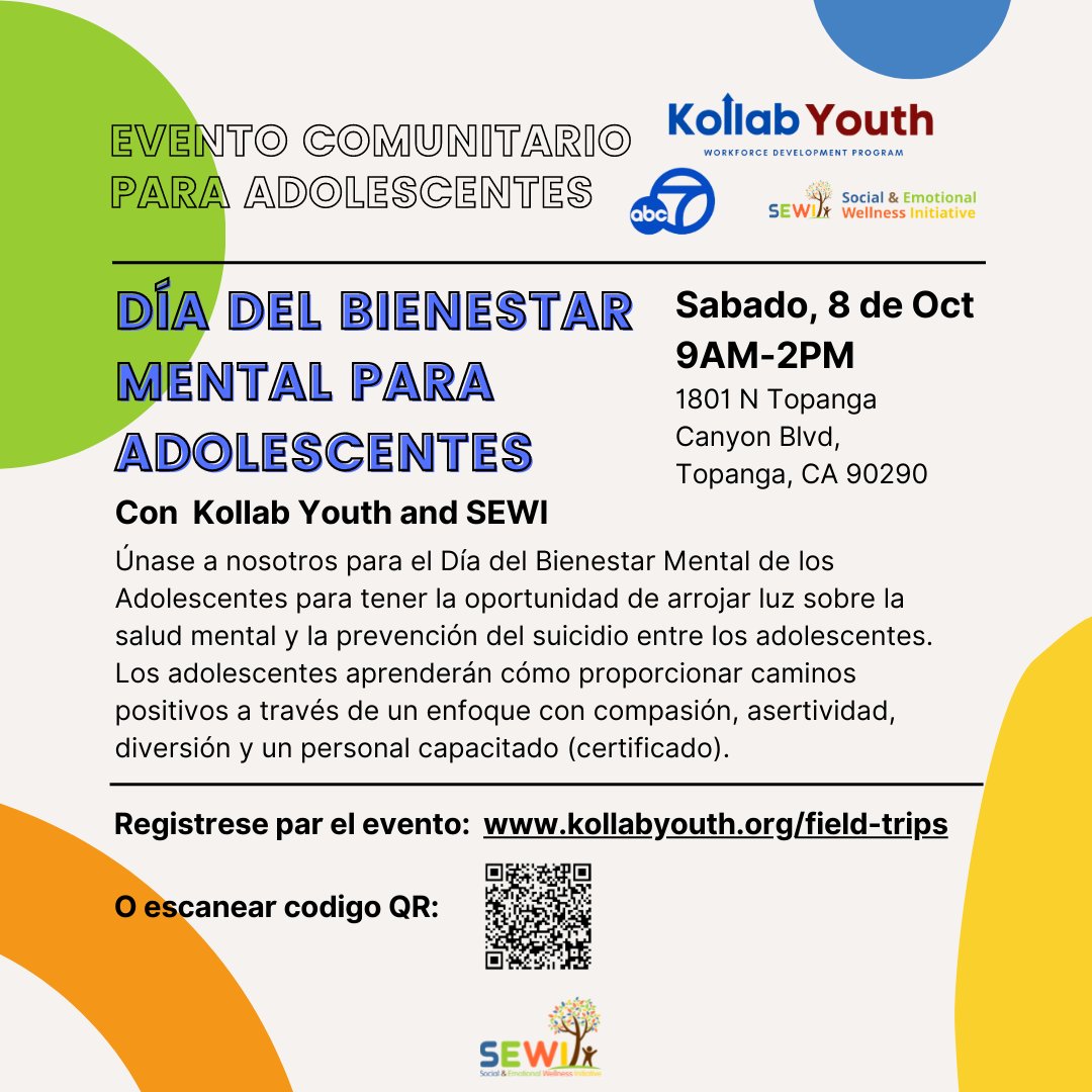 SEWIwellness's tweet photo. Join us next month with @Kollabyouth for Our Teen Mental Wellness Day - a day for teens to come together and learn how to build healthier habits for their better mental health and wellness.⁠

#sewi #SocialEmotionalWellness #ThingsToDoinLA #JusticeEquityHope #MentalHealthMatters https://t.co/KwOekJCDYK