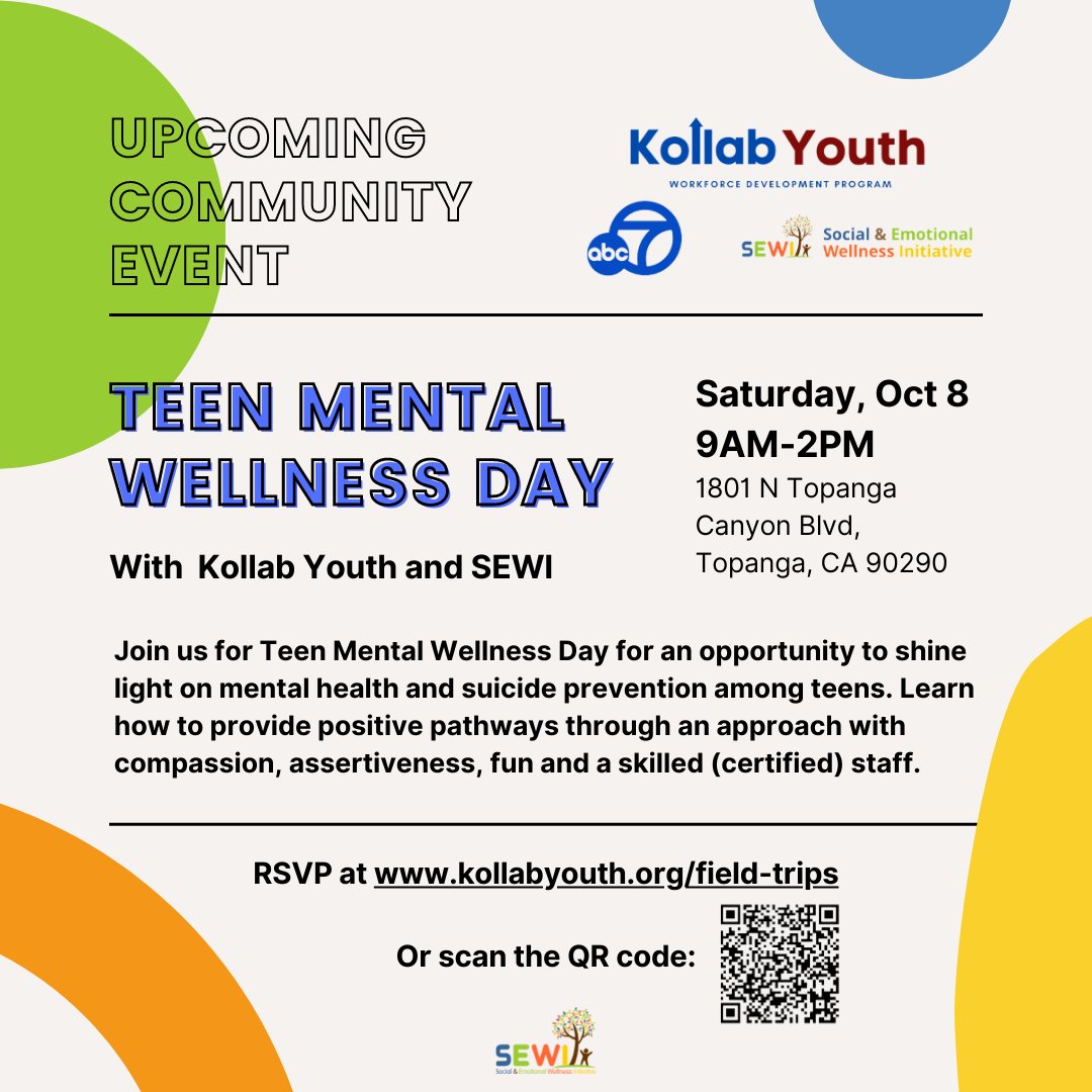 SEWIwellness's tweet photo. Join us next month with @Kollabyouth for Our Teen Mental Wellness Day - a day for teens to come together and learn how to build healthier habits for their better mental health and wellness.⁠

#sewi #SocialEmotionalWellness #ThingsToDoinLA #JusticeEquityHope #MentalHealthMatters https://t.co/KwOekJCDYK