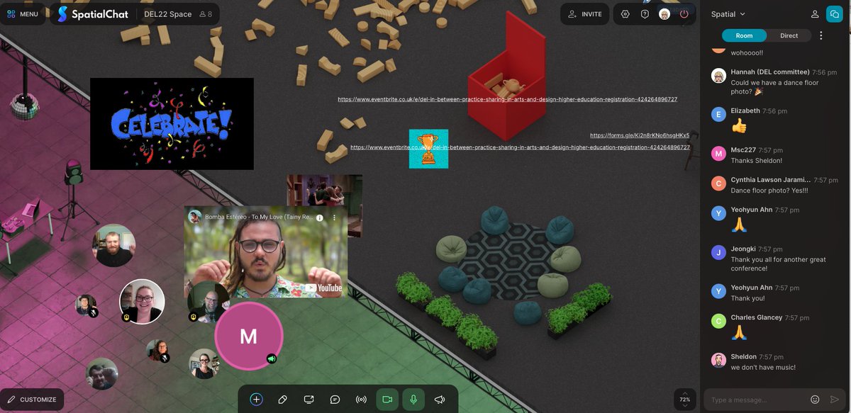 Ending #DEL22 with a dance party in Spatial Chat! Thank you to our keynotes @sbayne <a href="/nettieb/">Nettrice</a>, our host <a href="/psuarts_arch/">PSU Arts&Arch</a> @artisteducator @_mike_collins, the rest of the committee <a href="/LawsonJaramillo/">Cynthia Lawson Jaramillo</a> <a href="/edu_sheldon/">Sheldon (he/him)</a>, Claudia Roeschmann, <a href="/hannahchyde/">Hannah</a> and Molly Davy.