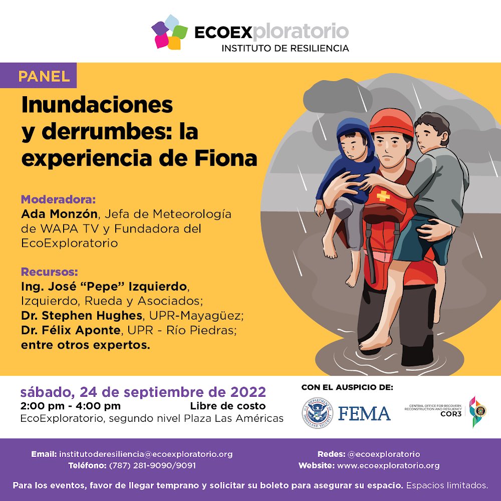 [MAÑANA] Panel de Inundaciones y Derrumbes: La Experiencia de Fiona.

📍Lugar: EcoExploratorio, 2do nivel Plaza Las Américas
⏰ Hora: 2:00 pm - 4:00 pm
💲Libre de costo

¡Les esperamos!

#mimuseo #Resiliencia #AcciónSolidaria #PuertoRico #fiona