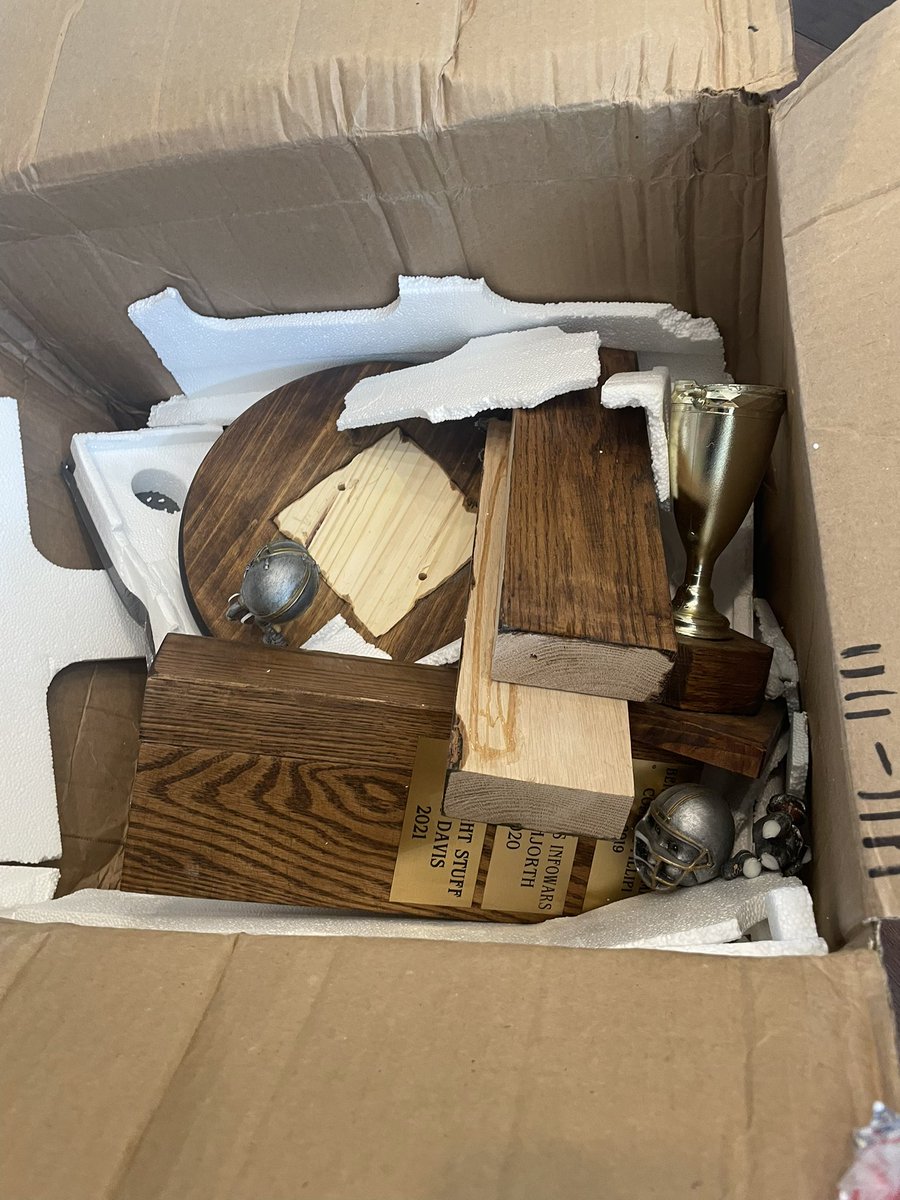 NickerD22's tweet photo. Our fantasy football league took a blow to the chin this week when the delivery of our trophy was completely botched by @USPS. We trusted them, and they let us down. However, like all great leagues before us, we will overcome this adversity and be better than ever. https://t.co/iRVfdpz0fC