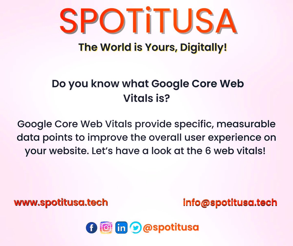 SPOTITUSA's tweet photo. Google Core Web Vitals is Google ranking signals that measure’s the overall user experience of a webpage. To learn more about #SEO visit 
https://t.co/qWS1aPMrR3
https://t.co/KigGggi5nJ
https://t.co/nwlA0QWjvm 
https://t.co/oIHa1IO4mA 
https://t.co/BHGoK6AkC5
 #seo #googlesearch https://t.co/HhiJ3KRkZk
