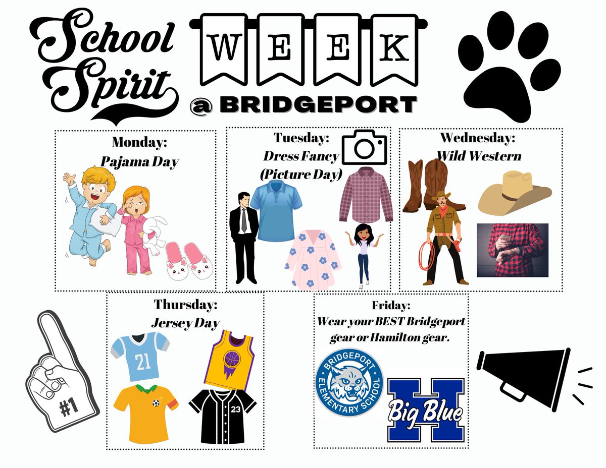MissCox1501's tweet photo. It’s spirit week for homecoming next week at Bridgeport!!! September 26th- September 30. Bobcats also remember to turn in your permission slip to walk in the homecoming parade on Thursday!! #BPgrowinggreatness @BPPrincipalHCSD @Hamilton_CSD https://t.co/ClLrWAbFB2