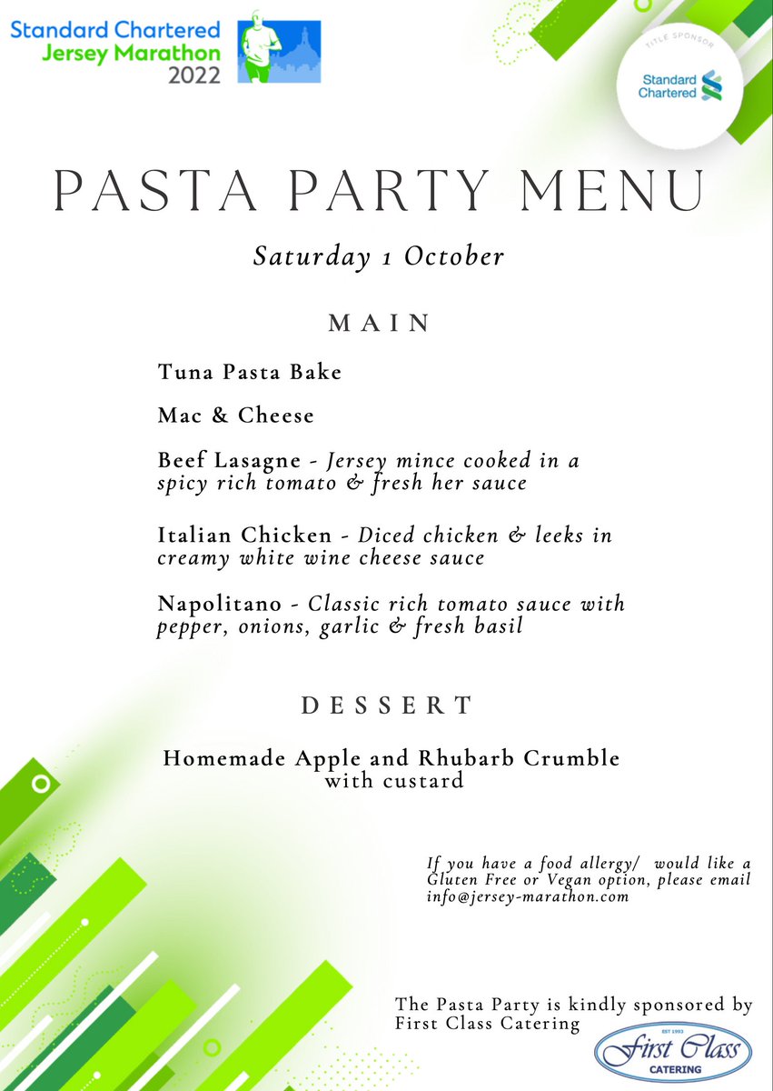 Jersey_Marathon's tweet photo. 🍝 Menu Reveal 🍝
Join us on Saturday 1 October for an evening of pasta eating and socialising with other runners.
Don't miss out, purchase your Pasta Party tickets today - https://t.co/kzFvsP60Ww
#SCJM22 #PastaParty https://t.co/PlR1ysYXck