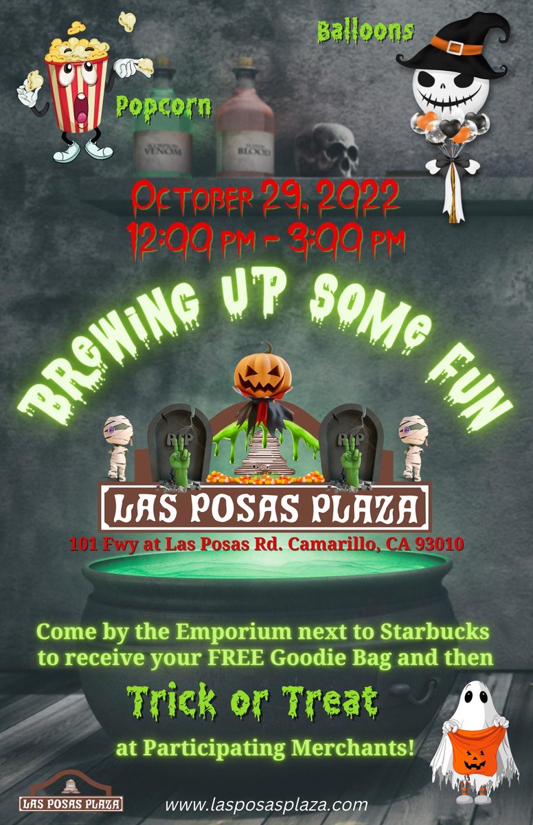 PosasLas's tweet image. New Event Flyer for "Trick or Treat" at the Las Posas Plaza on October 29, 2022, from 12:00 pm to 3:00 pm.