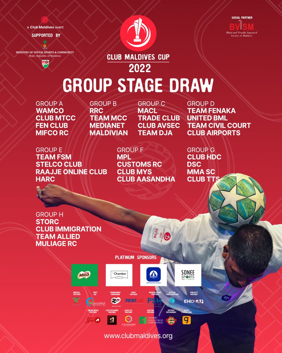 ClubMaldives's tweet photo. #ClubMaldivesCup2022 Group Stage Draw Results!
.
#ClubMaldives #CMC2022 #Futsal #FutsalMaldives #BVISM https://t.co/SzuBcIjdjm