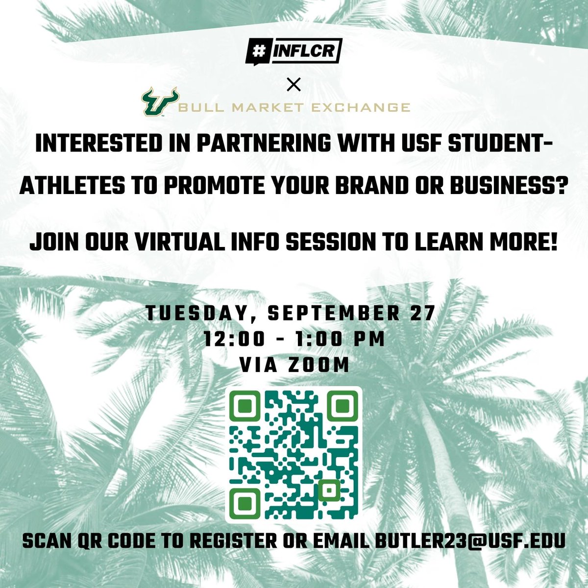 Support our Bulls! Local businesses, you’re invited to attend a virtual information session with our partner @INFLCR this coming Tuesday. Learn more about how you can work with USF student-athletes to promote your brand or business. #HornsUp 🤘