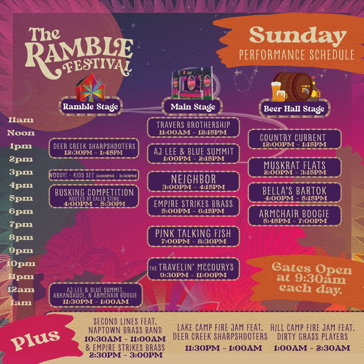 Let's get ready to raaaamble! 

Start planning for those can't miss sets with your tribe with the daily schedules. The gates open at 9:30AM each morning, so com'on out for the whole weekend or just a day and enjoy the full lineup - great music and cool vibes are goin' all day.