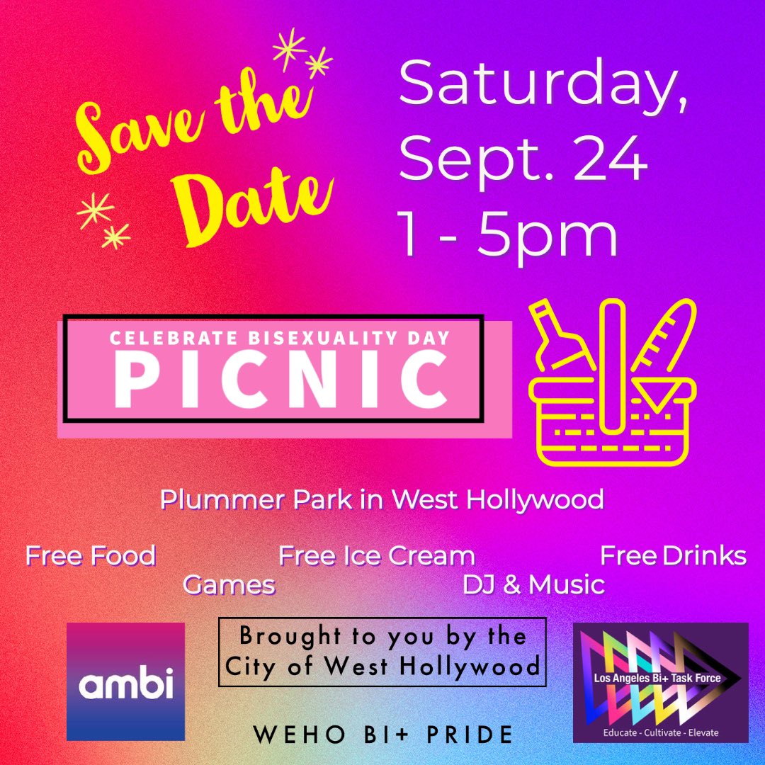 LA_Bi_TaskForce's tweet image. We’re also thrilled to announce that we’ll be tabling at the @WeHoCity Celebrate Bisexuality Picnic tomorrow! Join us at Plummer Park for free drinks, ice cream, music, and awesome company!