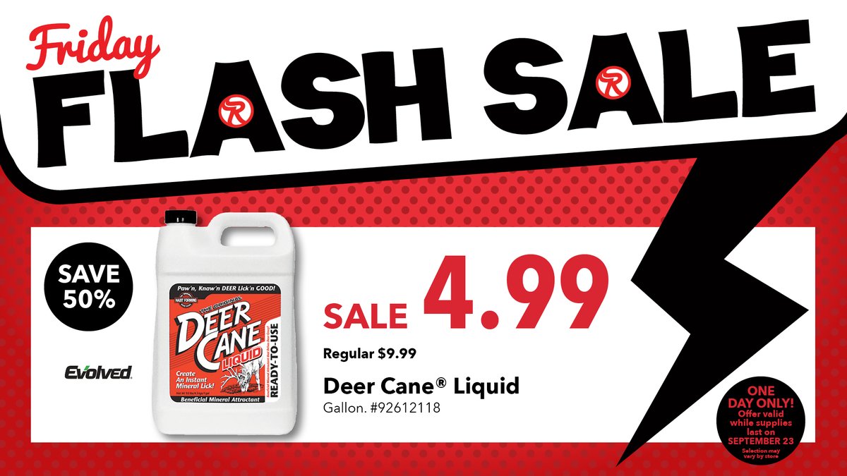 ⏰ Not too late to dash to ⚡️ #Runnings #FridayFlashSale on Deer Cane Liquid - $4.99; savings of $5 per gallon. 👉 ONE DAY ONLY: In-Store and Runnings.com - runnings.com/friday-flash-s…

#savethedate #Runnings #Runningsstores #hunting #huntingseason #flashsale