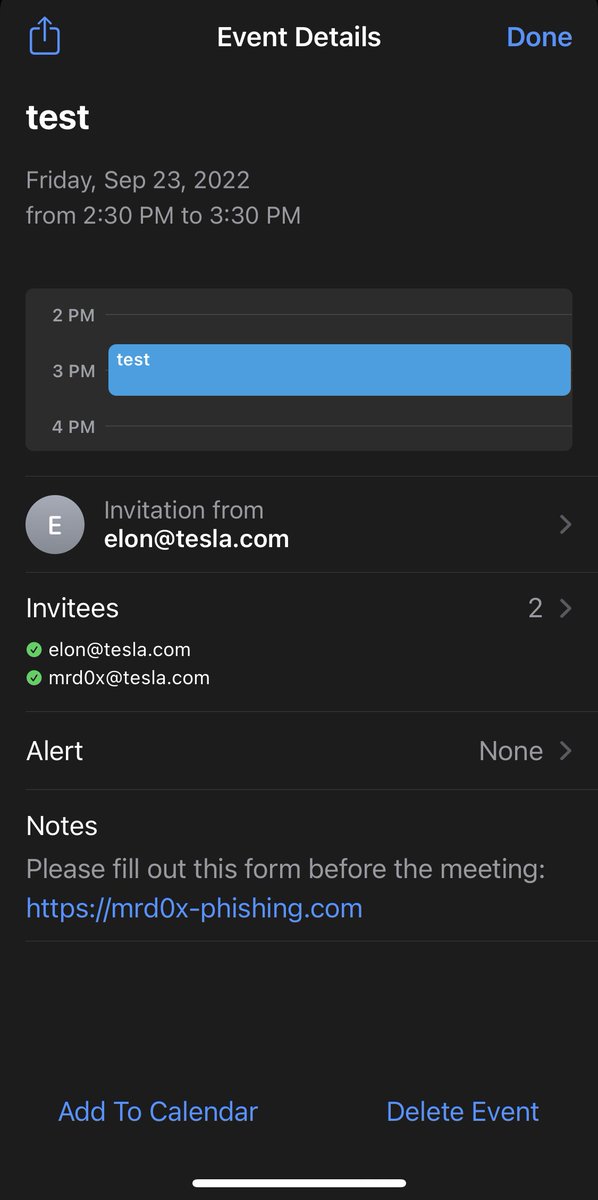 mr.d0x (@mrd0x) on Twitter photo Reminder to not trust calendar (.ics) attendees.
mrd0x.com/spoofing-calen… Reminder to not trust calendar (.ics) attendees.
mrd0x.com/spoofing-calen…