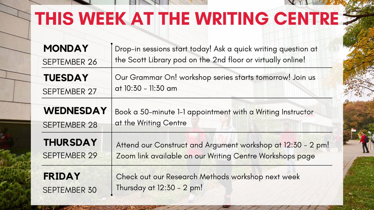 Hello Lions! 🦁​  The Writing Centre is opening up more of its programming! Come check out what's happening this week at the Writing Centre from September 24 - 30! #YorkUniversity #YorkU #WritingCentre #Workshops #WorkshopOnline