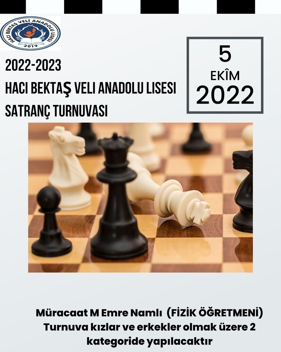 HBV_AL's tweet photo. Hacıbektaş Veli Anadolu Lisesi
Satranç turnuvası başlıyorrrrr♟️
#hbval https://t.co/UgyAR8pply