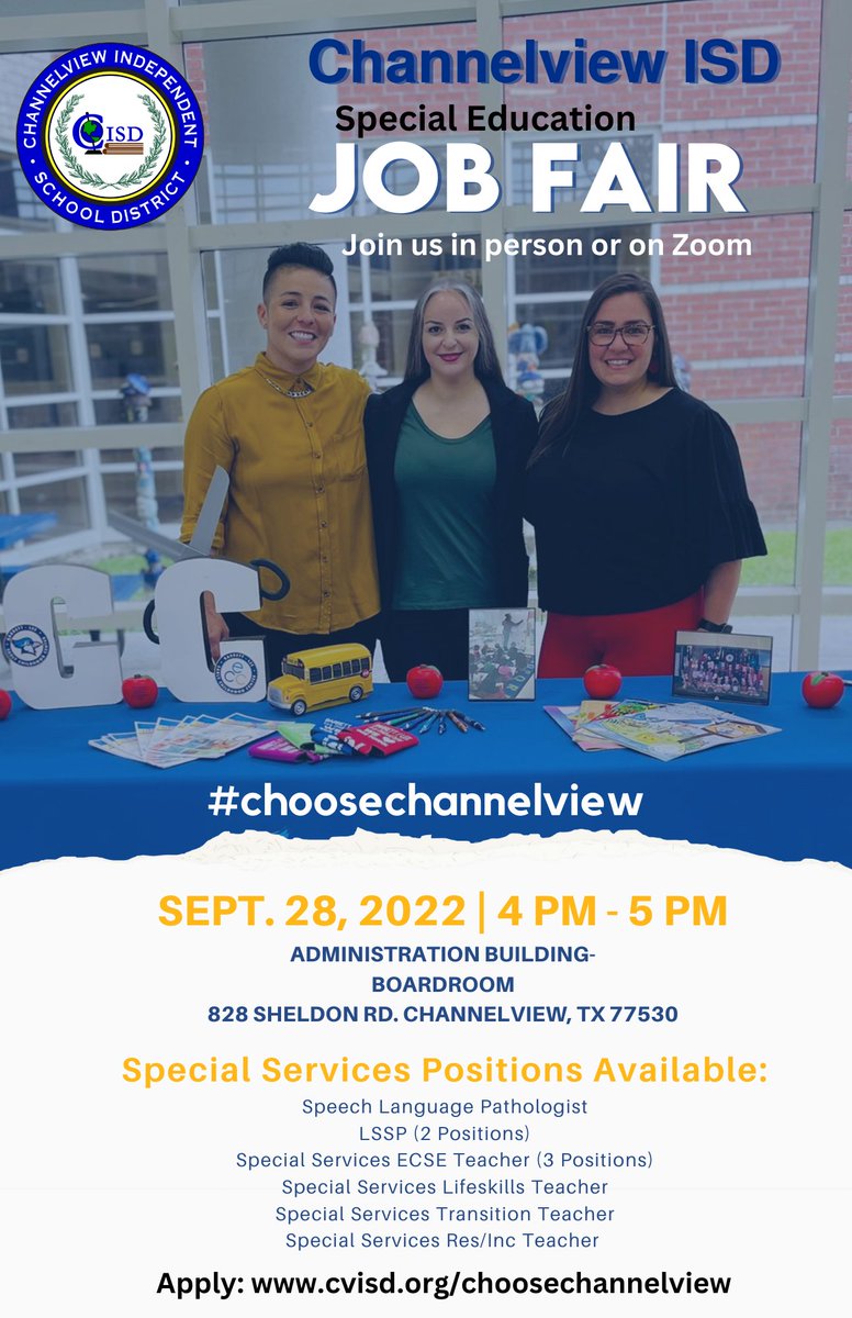 📣📣Channelview ISD Job Fair! 📣📣
​​Join us in person or on Zoom this​ ​Wed.​ Sept. 28 from 4-5pm at the CISD Adm. Boardroom for an opportunity to join our district. ​
Apply NOW! ​ shorturl.at/dhGHI

us05web.zoom.us/j/82608367694...
Meeting ID: 826 0836 7694
Passcode: ChooseCV