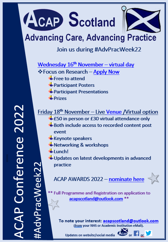 Delighted to share #AdvPracWeek22 Conference/CPD Schedule 😃 Check webpages for updates: acapscotland.org/?page_id=1139 Registration/Posters&Presentations applications open: forms.office.com/Pages/Response… #SharedLearning @minicoopergirl1 @NHSG_ACA @highlandanp @rjcampb @AcademyNos @WSaprg