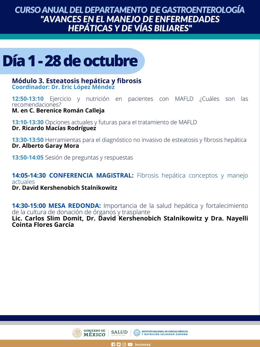 incmnszmx's tweet photo. * * * CURSO * * * 
Conoce el programa del Curso Anual de Gastroenterología que se llevará a cabo el 28 y 29 de octubre del 2022 en modalidad presencial y virtual.
Inscripciones en https://t.co/UE8XElizFG  
@CursoGastro https://t.co/wclGXJzcsm
