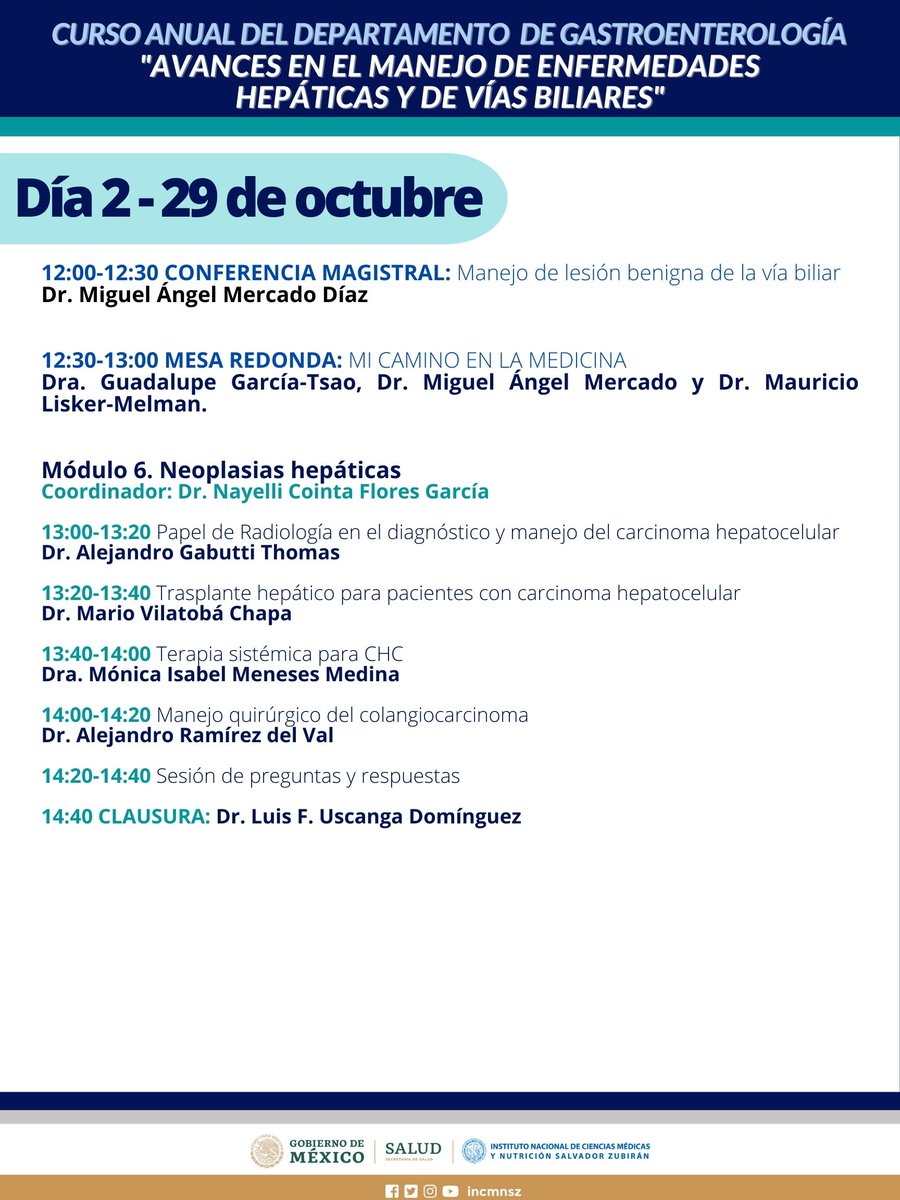 incmnszmx's tweet photo. * * * CURSO * * * 
Conoce el programa del Curso Anual de Gastroenterología que se llevará a cabo el 28 y 29 de octubre del 2022 en modalidad presencial y virtual.
Inscripciones en https://t.co/UE8XElizFG  
@CursoGastro https://t.co/wclGXJzcsm