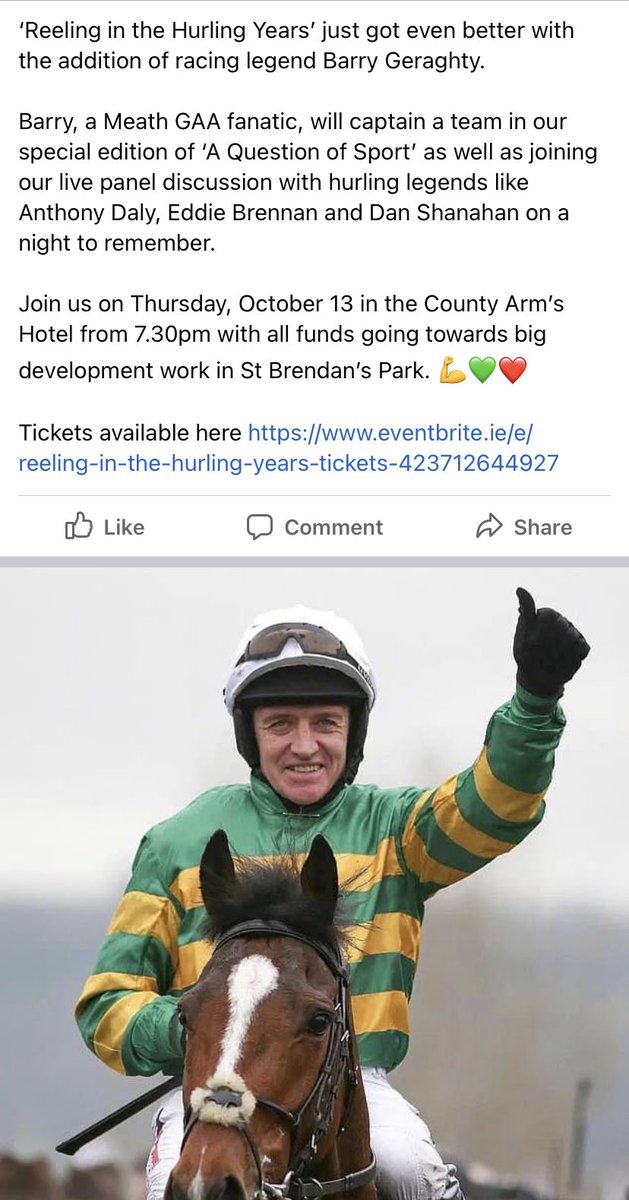 BirrCLG's tweet photo. ‘Reeling in the Hurling Years’ just got even better with the addition of racing legend Barry Geraghty. 

Barry, a Meath GAA fanatic, will captain a team in our special edition of ‘A Question of Sport’ on what will be a special night 💚❤️

Tickets here https://t.co/adY3Nh0buu https://t.co/22fDKp84u9