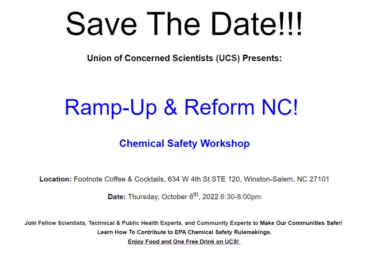 SpoilTheSoil's tweet photo. FYI: Upcoming Environmental Justice Opportunity with the Union of Concerned Scientist (Winston-Salem, NC). #reform #rampup #chemicalsafety #nc #rulemakings #riskmanagement https://t.co/X86CG8ebnS
