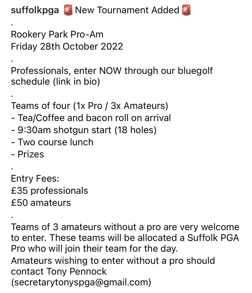 🚨New Tournament Added🚨
<a href="/RookeryParkGC/">RookeryPark</a> Pro-Am.
Friday 28th October 2022.
🚨Amateurs, you are very welcome to enter a team, even if you don’t have a professional. We can sort that!🚨
Professionals, please enter at pgagbi.bluegolf.com/bluegolf/pgagb…