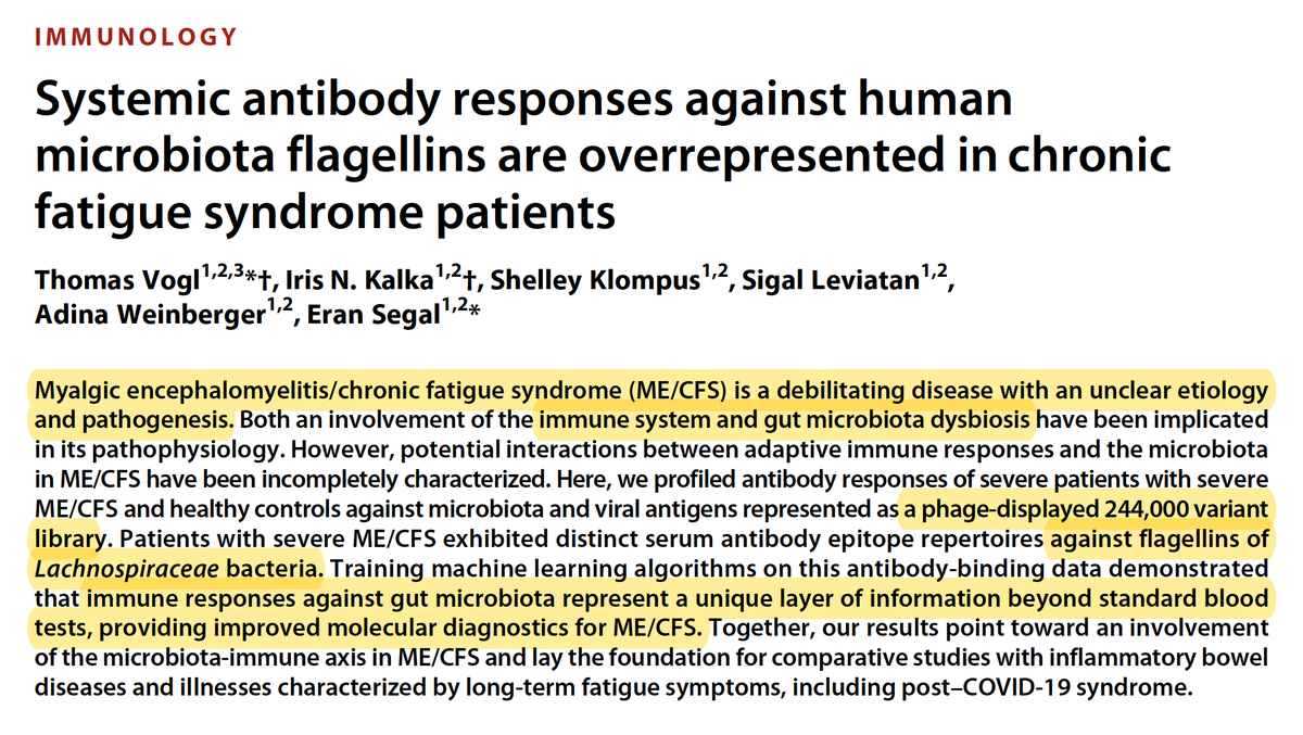 EricTopol's tweet photo. The immune system response &amp; gut microbiome have been implicated for both #MECFS and #LongCovid. A new @ScienceAdvances systematic report in people with severe ME/CFS found antibodies vs a specific bacterium antigen https://t.co/8x50AYpZWD
@segal_eran @KalkaIris @WeizmannScience https://t.co/rmIRs1UbgX