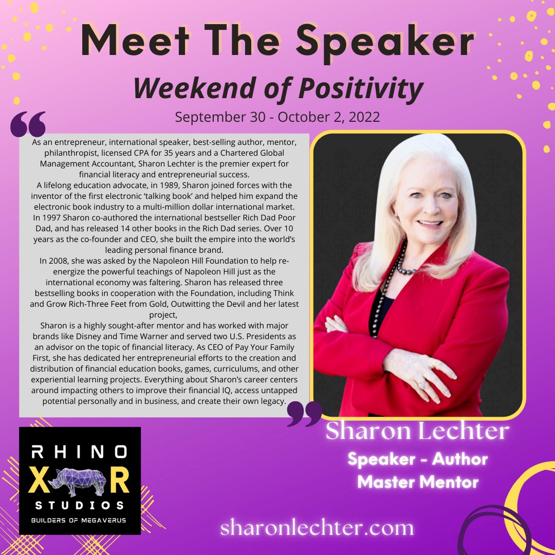 don_of_solar's tweet photo. Announcing Sharon Lechter, on stage at Weekend of Positivity. You may know Sharon from 1 of her 14 books authored or co-authored, her work with Rich Dad Poor Dad and the Napoleon Hill Foundation. Join us for the Weekend of Positivity #WeekendofPositivity #MegaVerus #Metaverse https://t.co/KDAPgXIfif