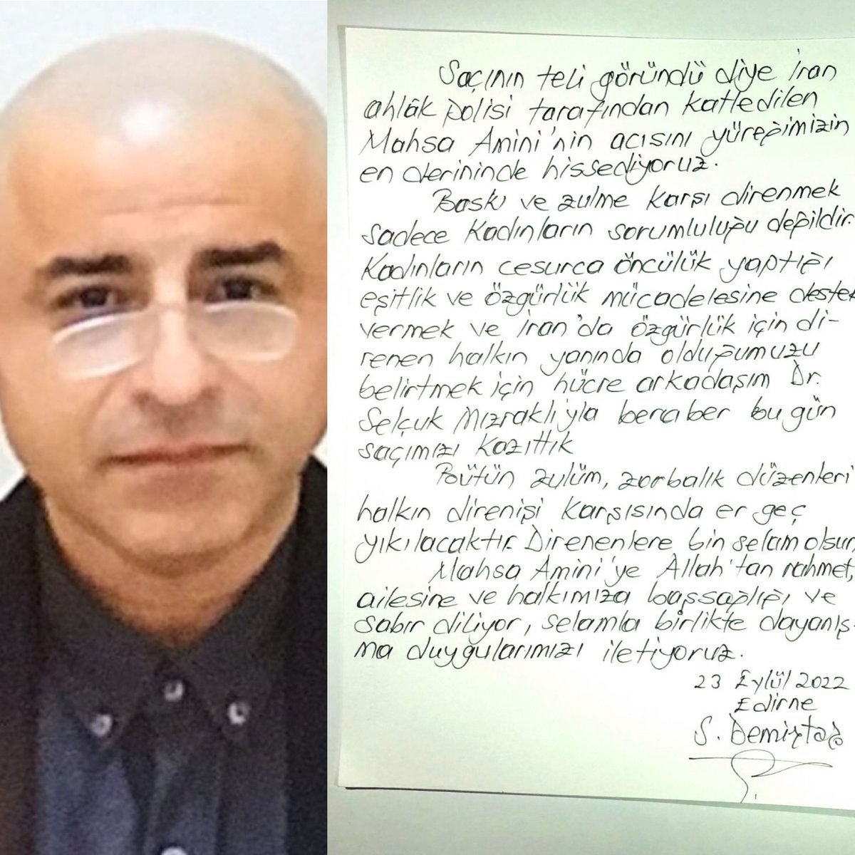 ”Saçının teli göründü diye Ahlâk Polisi tarafından katledilen #MashaAmini nin acısını yüreğinde hissettiğini” söyleyen #SelahattinDemirtas  İranlı Kadınların özgürlük mücadelesine destek vermek için saçını kazıttı!
#IranProtests2022