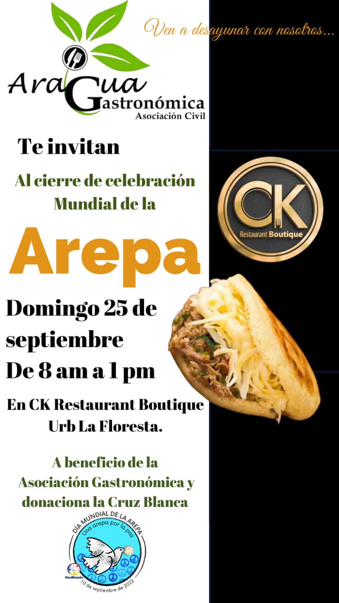 Fundsanantonio's tweet photo. El próximo #domingo 🗓, en un evento organizado por @araguagastronomica , se realizará un desayuno especial celebrando "el día mundial de la arepa" en @ckrestaurantboutique a beneficio de la Asociación Gastronómica, #donación a la Cruz Blanca (niños especiales).

¡Te esperamos! https://t.co/f0cwItJAKW