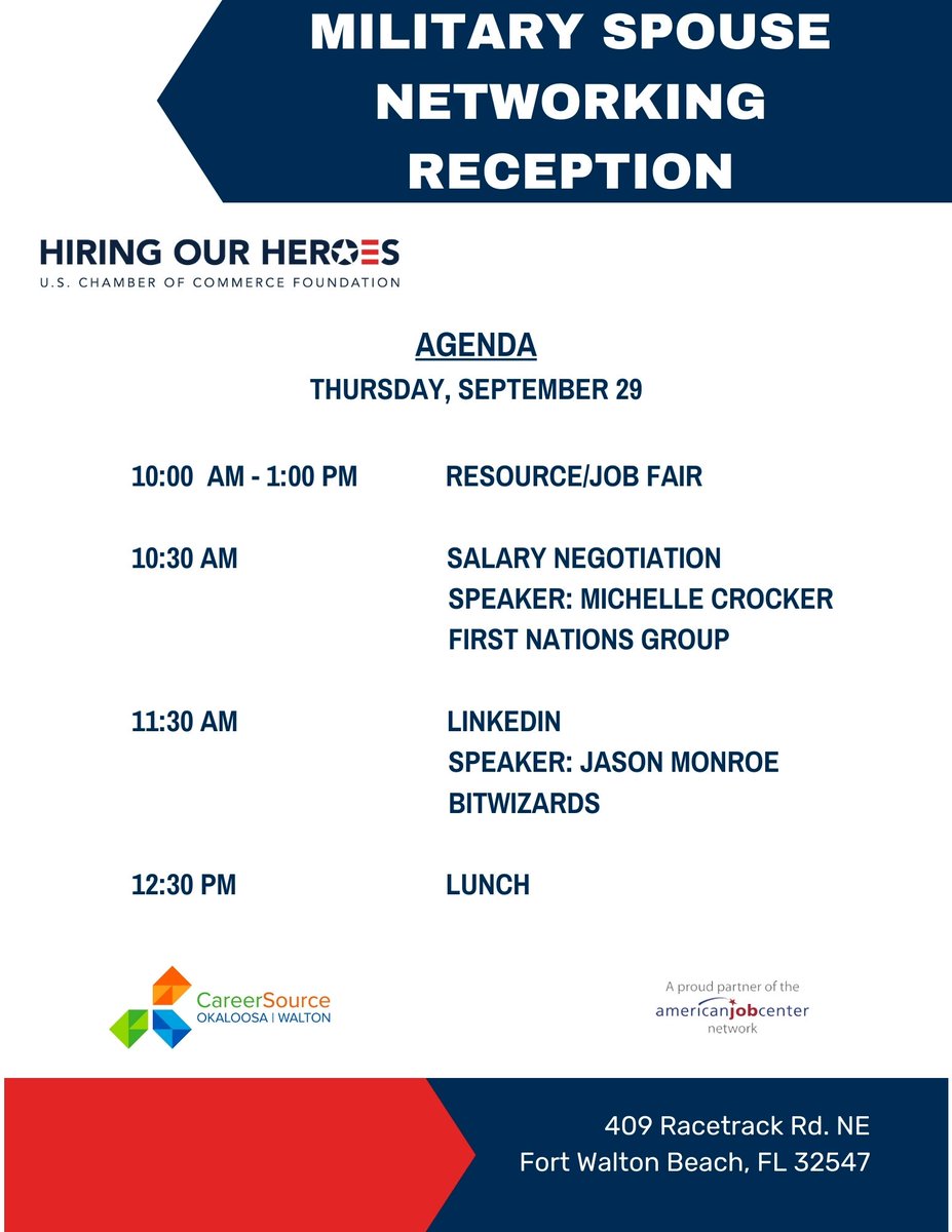 ATTENTION MILITARY SPOUSES!!
CareerSource is joining forces with Hiring Our Heroes to host the first Military Spouse Networking Reception next week, September 29.
We will have local employers that have open positions for military spouses and guest speakers 
Lunch will be provided